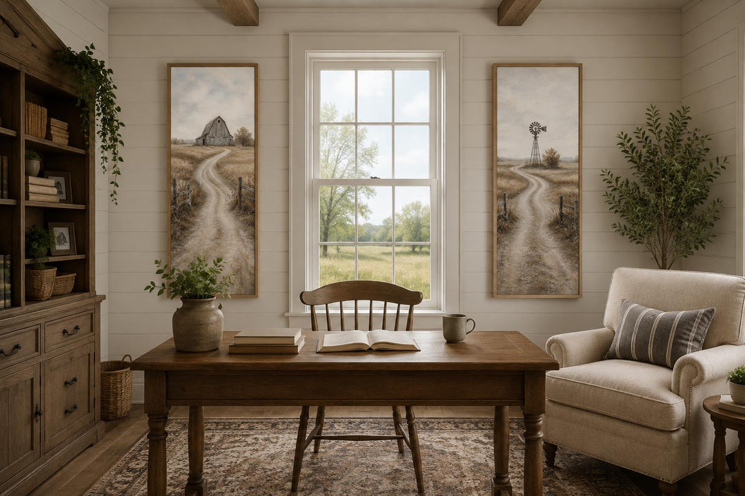 Set of 2 tall narrow farmhouse wall art panels featuring a barn and windmill in golden fields.