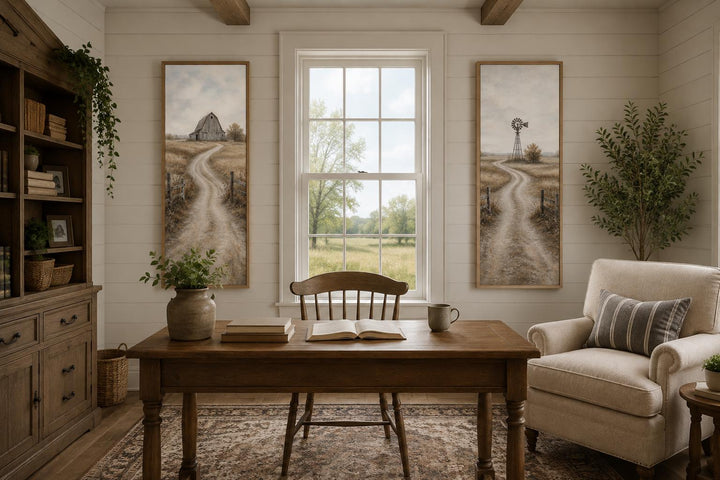 Set of 2 tall narrow farmhouse wall art panels featuring a barn and windmill in golden fields.