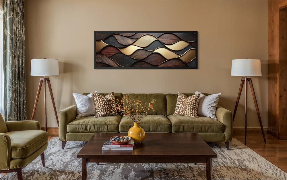 a cozy living room with a large green sofa, two floor lamps, a wooden coffee table, and a decorative vase with flowers. Above the sofa, there is a large abstract artwork featuring a wave-like pattern in shades of brown and gold.