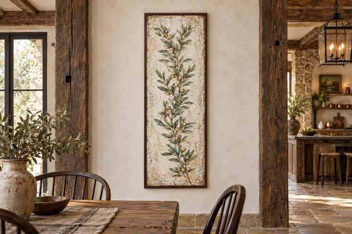 Tall vertical canvas wall art featuring a green olive branch on a textured, aged cream background.