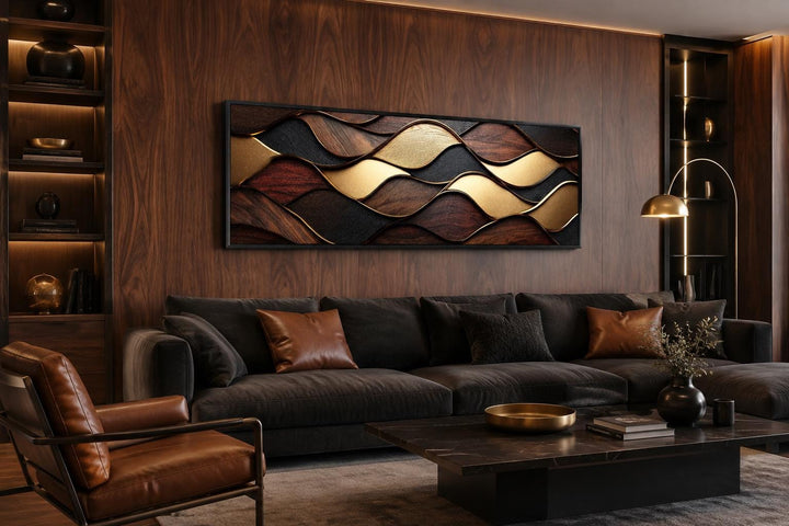 Long horizontal abstract canvas with brown, black, and gold wood-textured wave patterns.