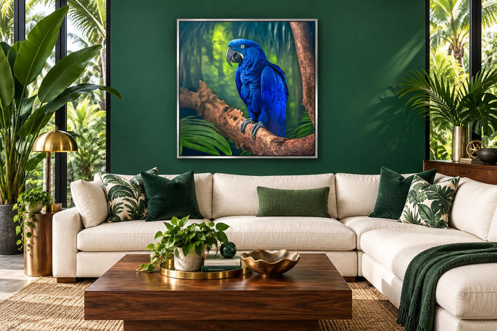 Hyacinth Macaw Parrot Tropical Canvas Wall Art in a green living room with a white sectional sofa.