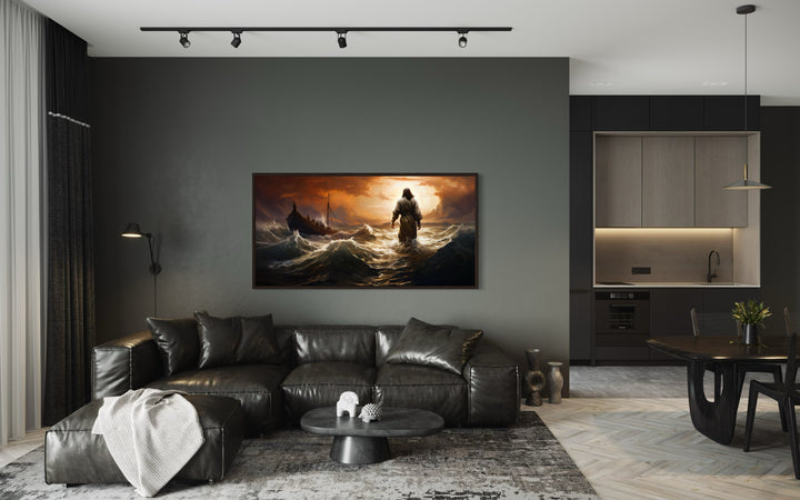 Jesus Walking On Water In Storm Modern Christian Framed Canvas Wall Art in living room