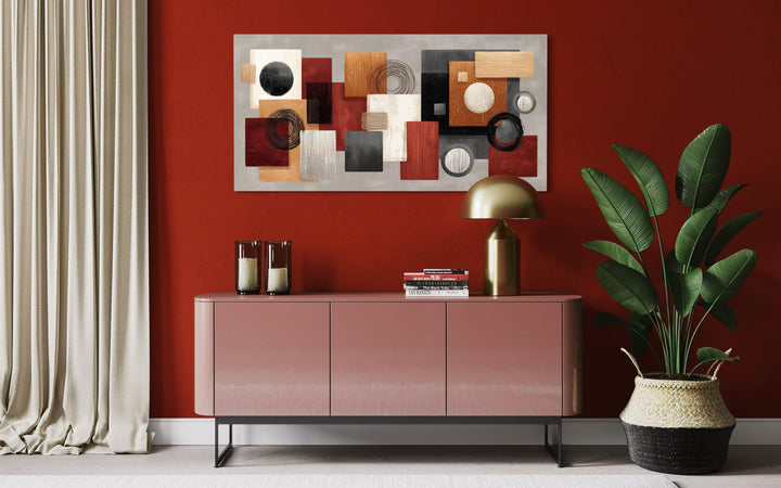 Modern Geometric Abstract  Red, Black, Beige and Orange Shapes Canvas Wall Art
