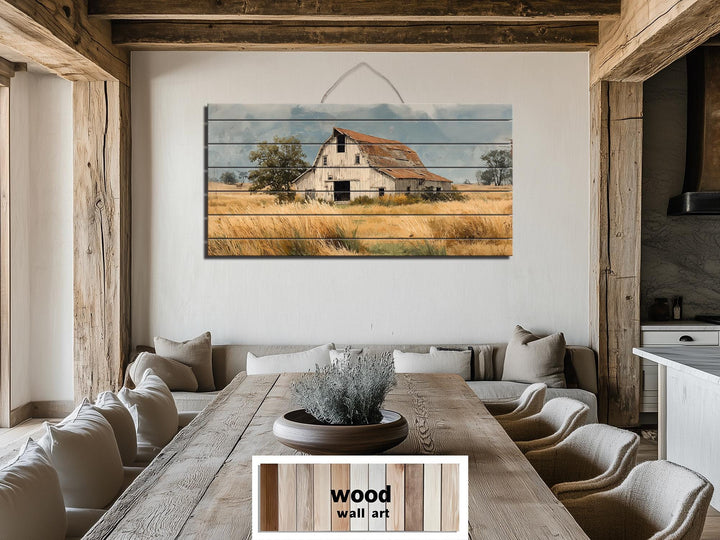Rustic Old Barn in Wheat Field Distressed Wood Wall Art