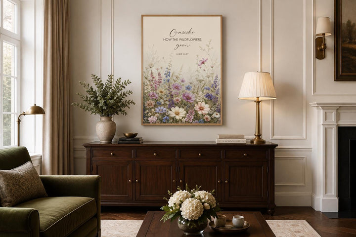 Wildflower watercolor wall art with Luke 12:27 scripture verse in a slim gold frame.
