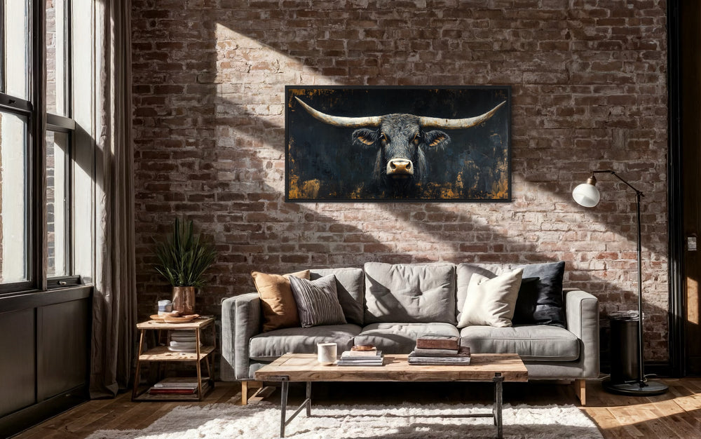 Black Texas Longhorn Head On Black Background Framed Canvas Wall Art in living room