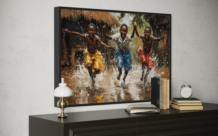 a painting of three African children running in the rain