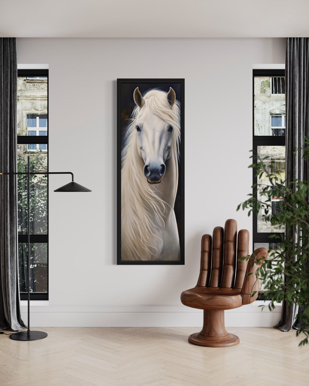Tall Narrow Vertical White Horse Framed Canvas Wall Art