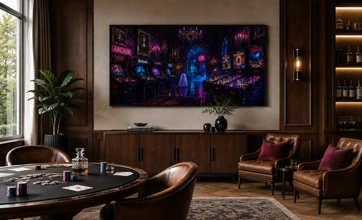 Spooky Halloween arcade wall art with a ghost and neon purple pinball machines in a game room.