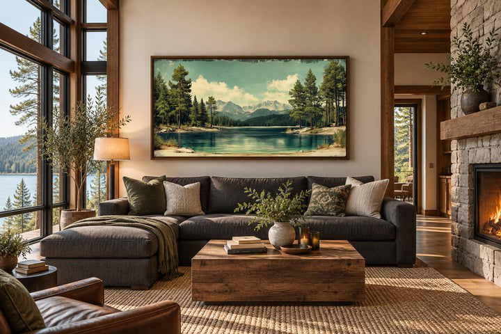 Lake, Mountains And Pine Forest Nature Vintage Style Canvas Wall Art