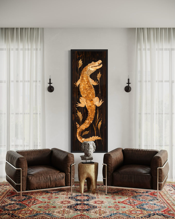 Tall Narrow Vertical Wooden Alligator Framed Canvas Wall Art in a living room with two couches