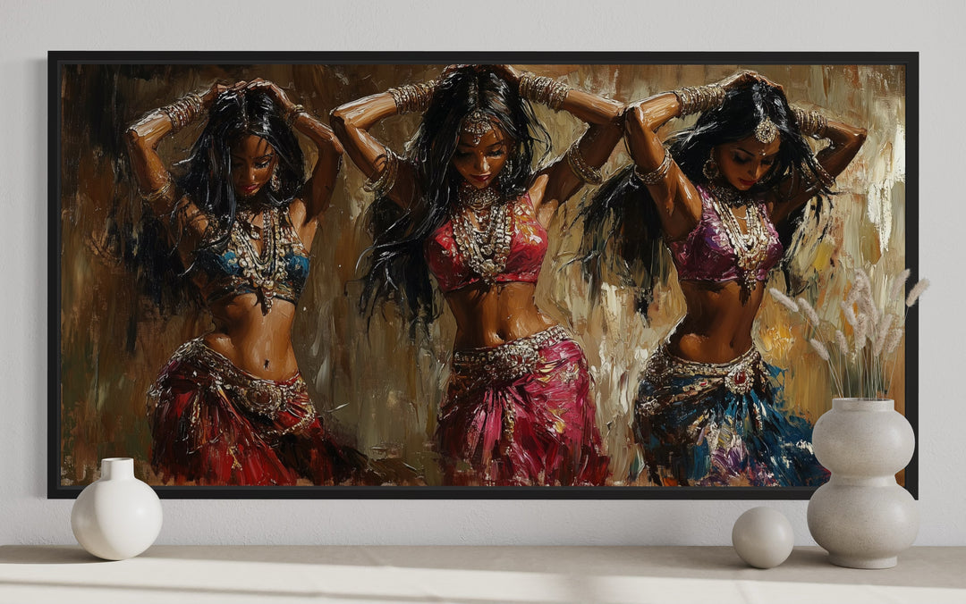 Three Indian Belly Dancers Framed Canvas Wall Art close up