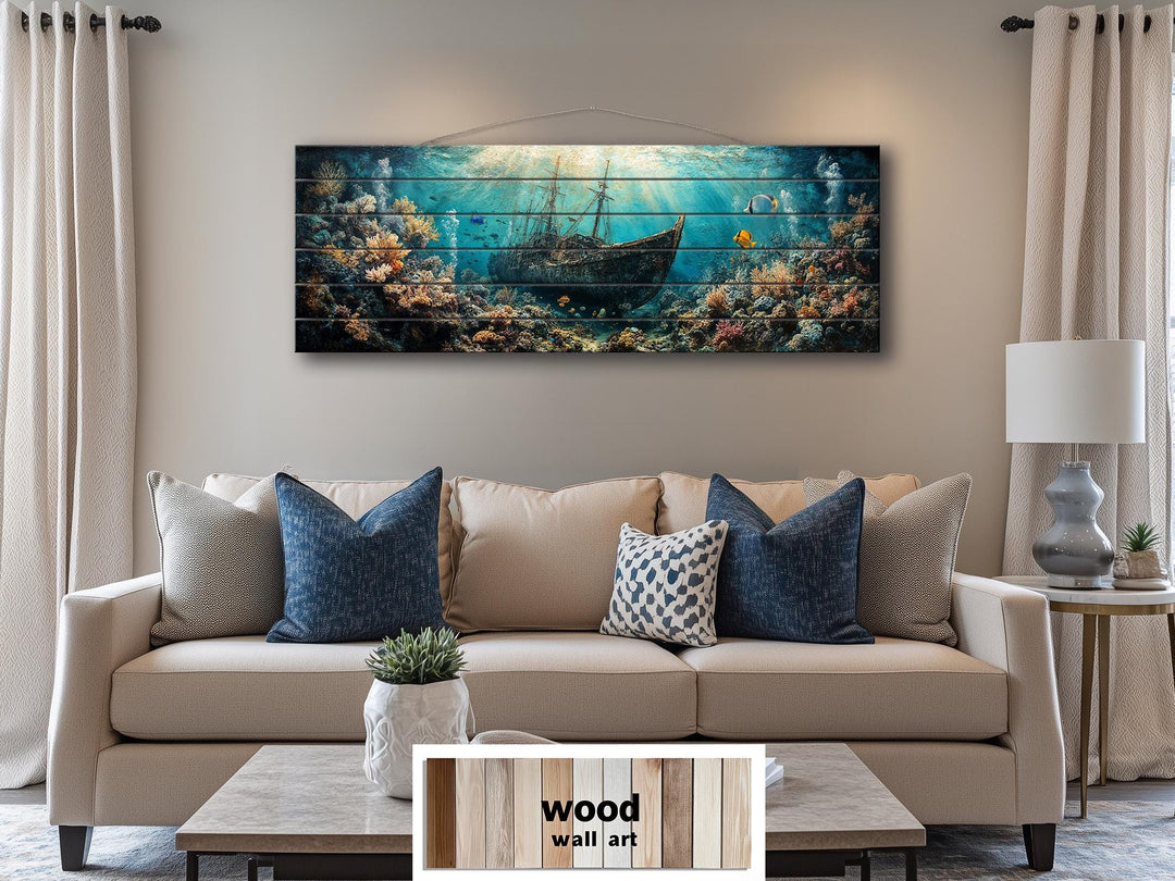 Sunken shipwreck scene printed on horizontal distressed wood planks above a modern living room sofa.