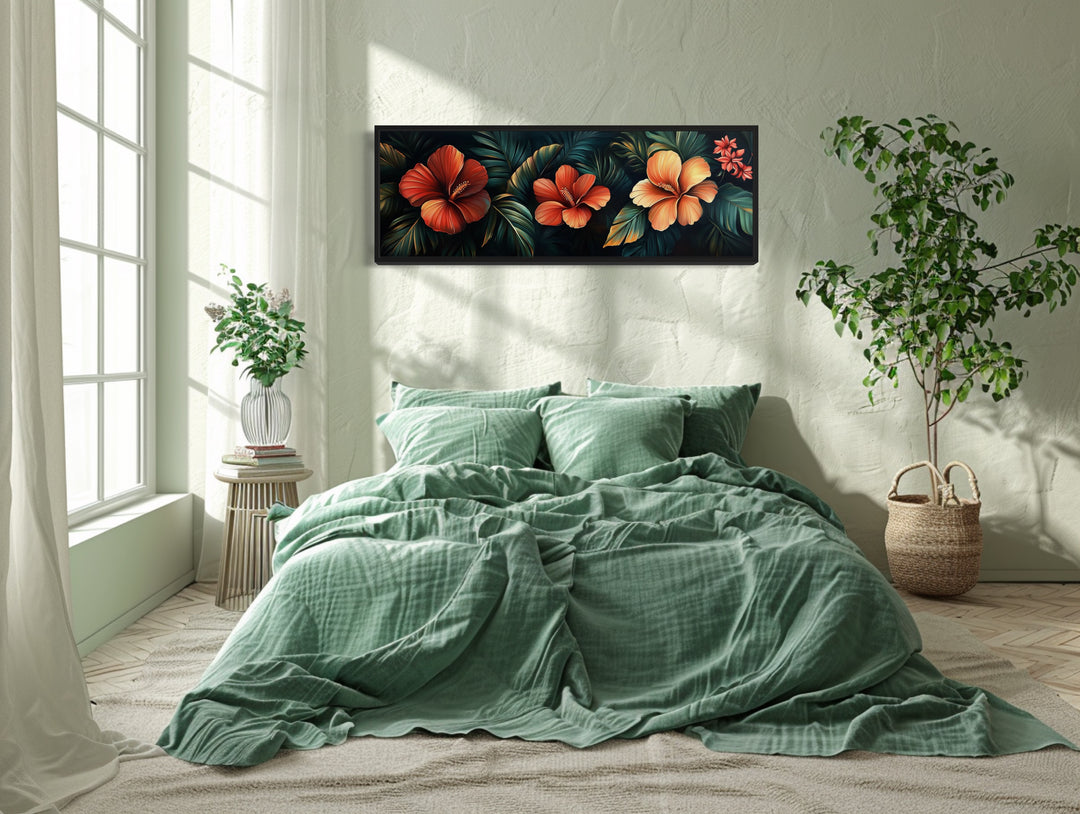 Long Narrow Tropical Flowers Framed Canvas Wall Art Above Bed