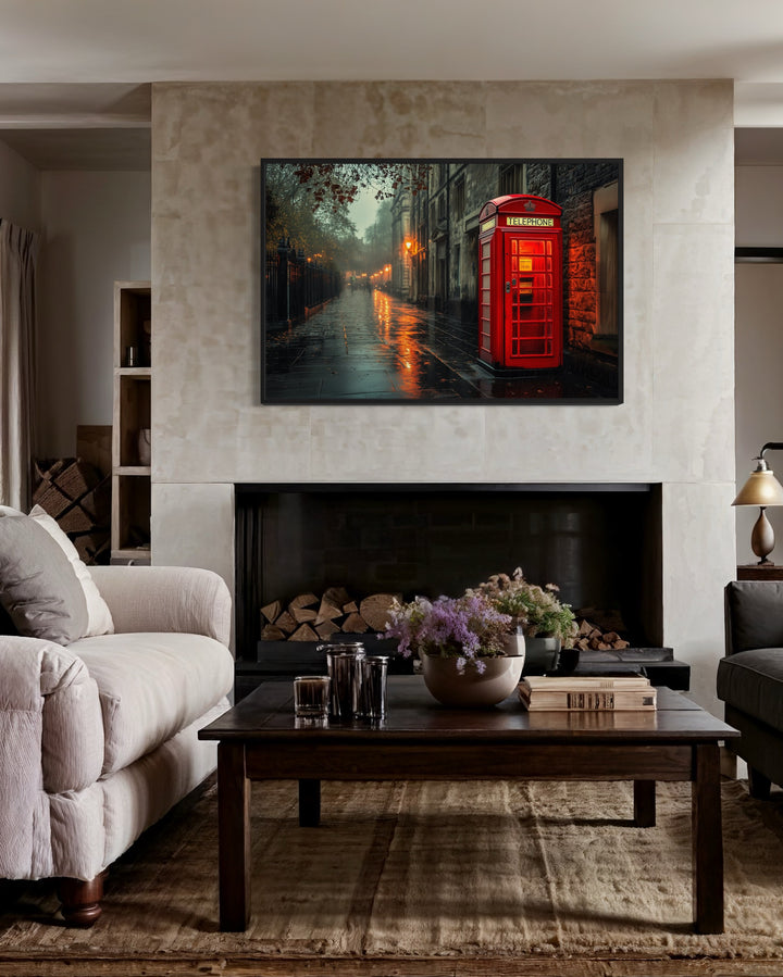 Red Phone Booth In Rainy London Street Framed Canvas Wall Art above fireplace