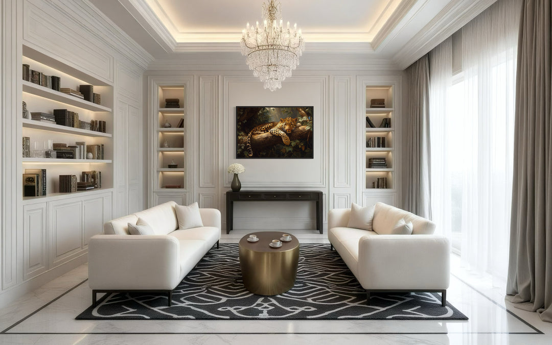 a living room filled with furniture and a chandelier