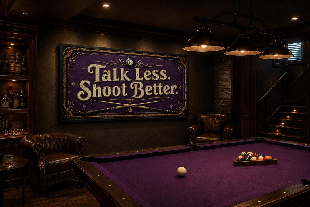 Talk Less Shoot Better Vintage Pool Hall Sign with Crossed Cues and 8-Ball, Purple Gold Billiards Wall Art