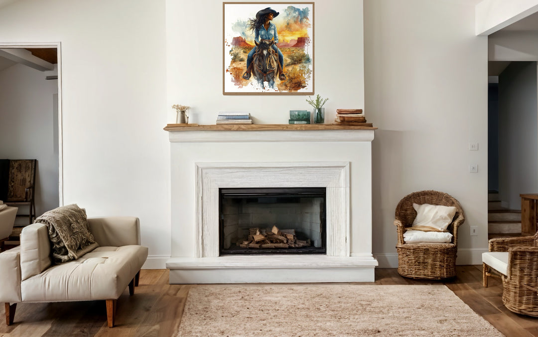 African American Cowgirl Riding A Horse Framed Canvas Wall above mantel