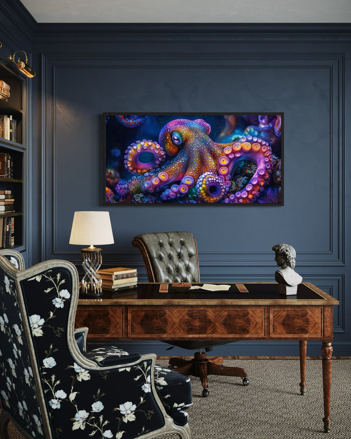 a painting of a trippy octopus on a wall above a desk