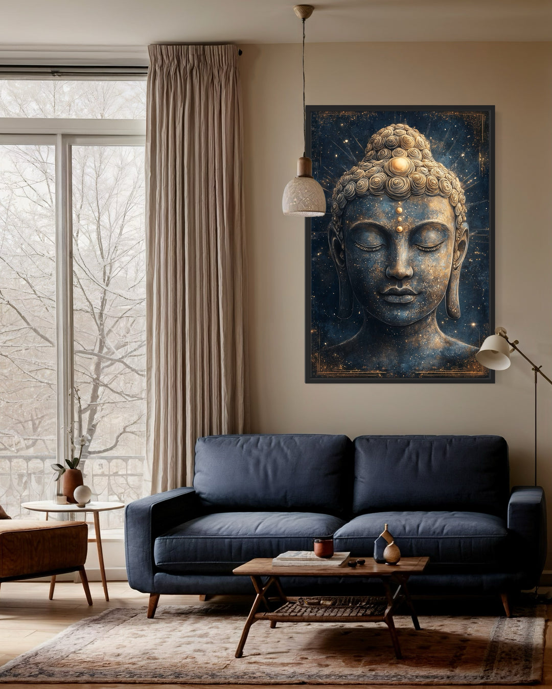 Navy Blue Buddha Statue Zen Cosmic Framed Canvas Wall Art in a living room with a couch