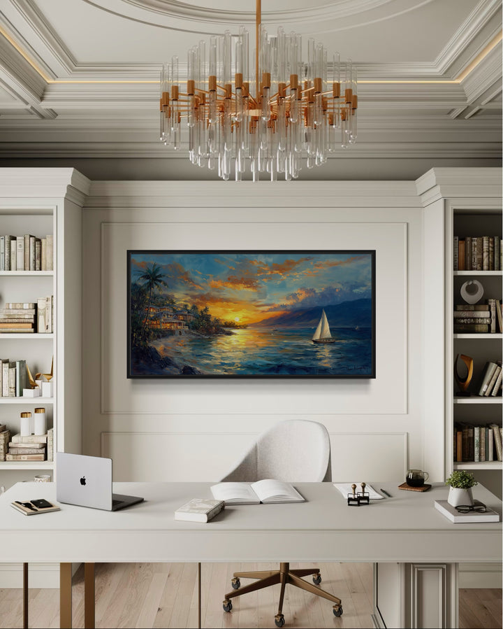 Jamaican Sunset Beach With Sailboat Framed Canvas Wall Art