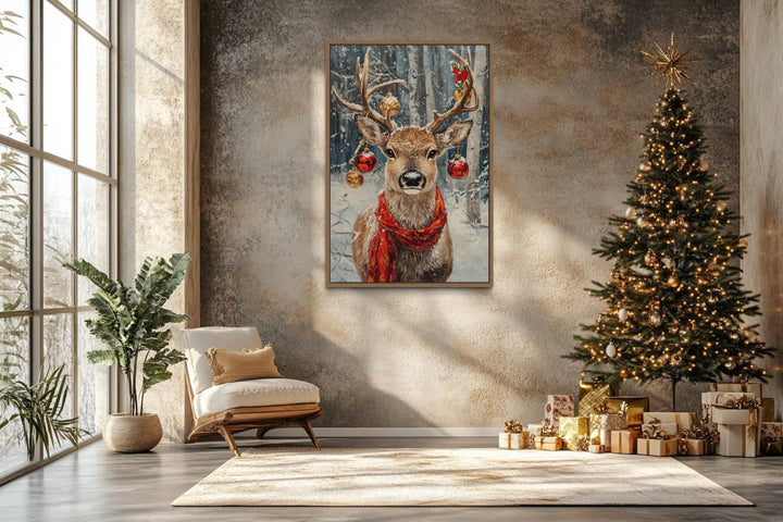 Christmas Reindeer With Red Scarf And Ornaments Canvas Wall Art