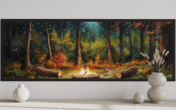 Forest Campfire Cozy Cabin Above Fireplace Mantel Wall Art close up