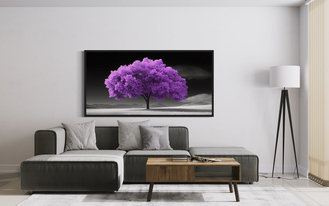 Purple Tree on Black White Background Framed Canvas Wall Art in living room with a couch and a table