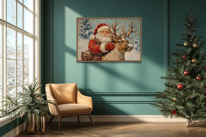 Santa Claus With Reindeer Christmas Canvas Wall Art