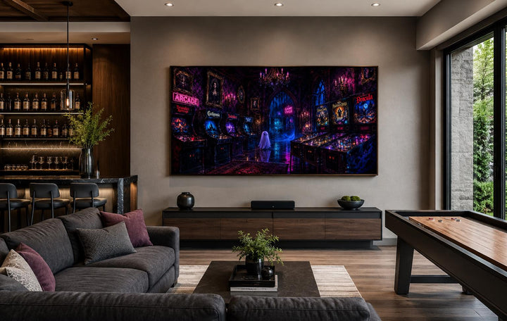 Spooky Halloween arcade wall art with neon purple pinball machines and a ghost in a game room.