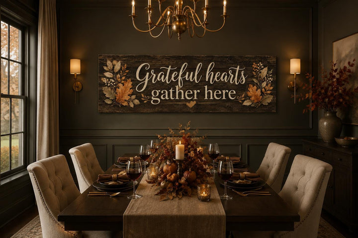Grateful Hearts Gather Here fall farmhouse sign above a decorated Thanksgiving dining table.