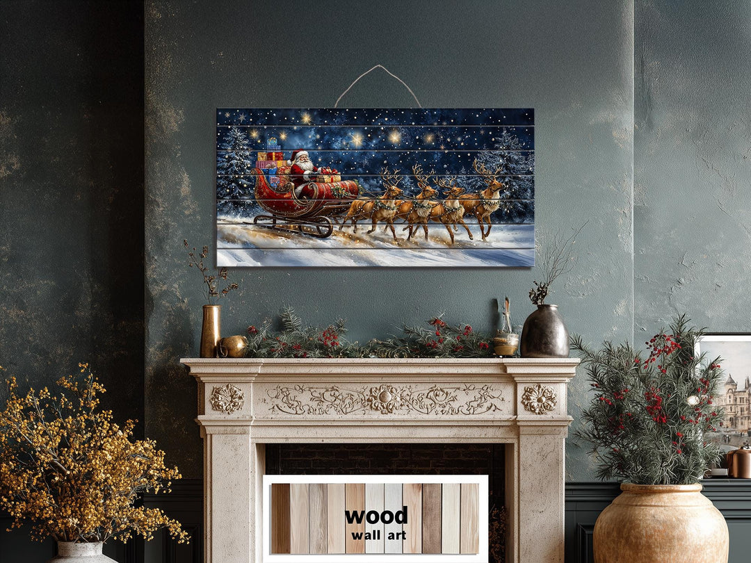 Christmas Wall Art - Rustic Santa Claus In Sleigh and Reindeer Distressed Wood Wall Art