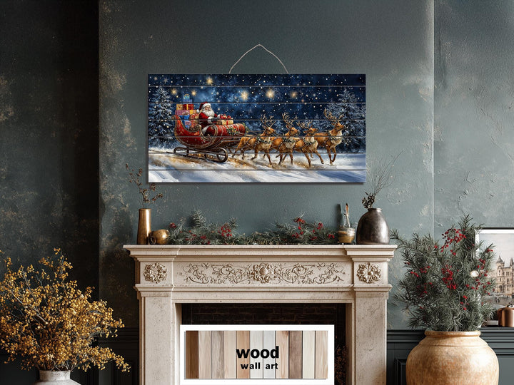 Christmas Wall Art - Rustic Santa Claus In Sleigh and Reindeer Distressed Wood Wall Art