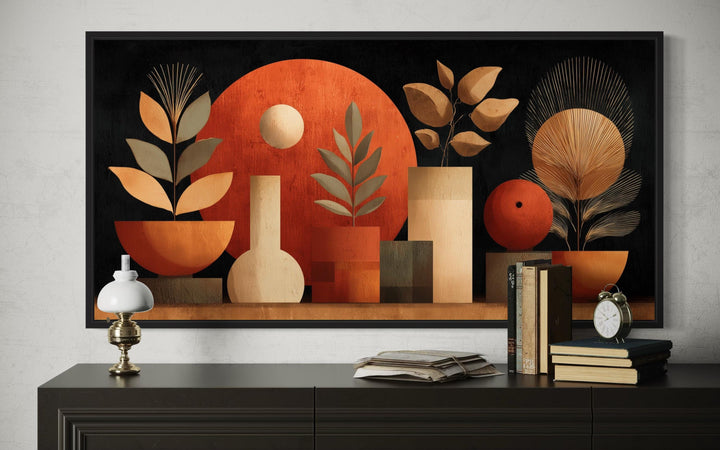 Boho Terracotta Wall Art - Abstract Canvas Print with Vases and Leaves for Neutral Decor