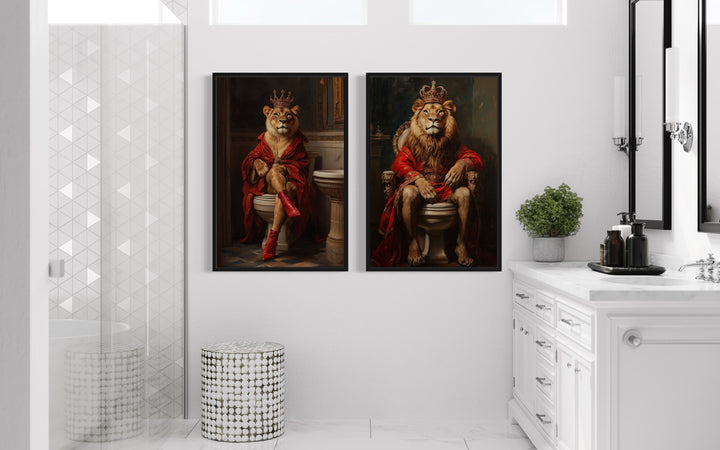 2 Piece Male Female Bathroom Wall Art - Lion King And Lioness Queen On Toilets in the washroom