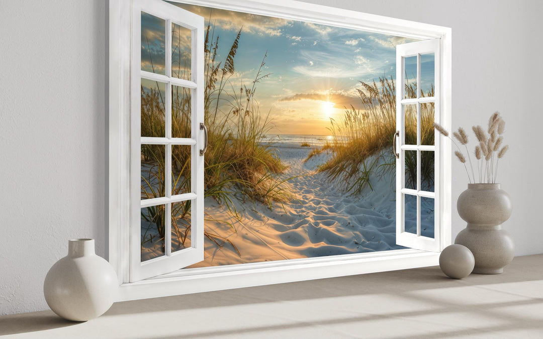 Fake Open Window View Beach Sunset Canvas Wall Art With Dunes and Beach Grass