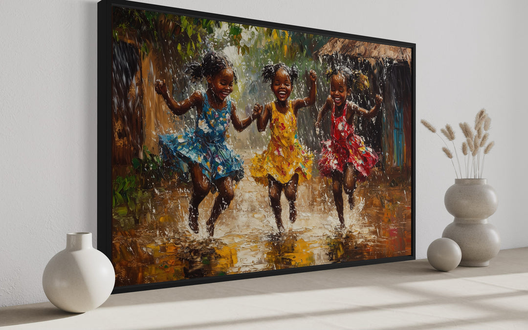 a painting of three black African girls running in the rain