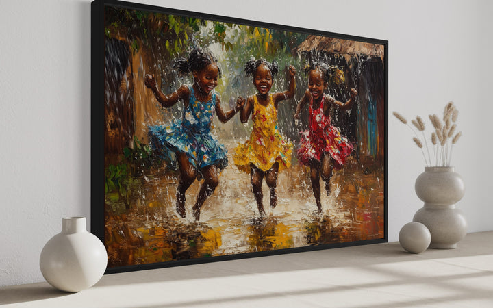 a painting of three black African girls running in the rain