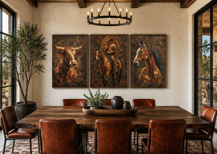 Western Wall Art Set Of 3 – Cowboy, Longhorn Bull, and Horse Canvas Prints for Rustic Ranch or Man Cave Decor