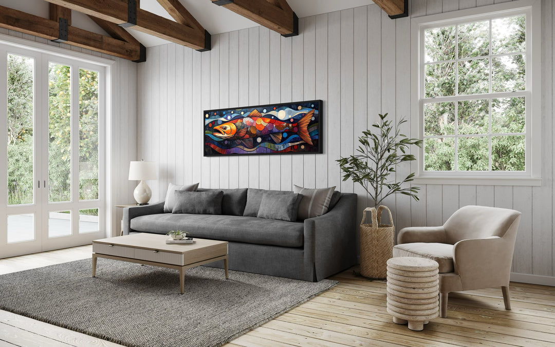 Colorful Salmon Long Horizontal Framed Canvas Wall Art in a living room filled with furniture