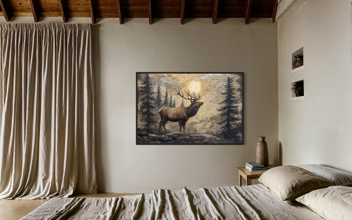 Rustic Elk In Winter Forest Painted On Wood Framed Canvas Wall Art in bedroom