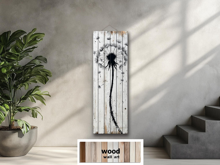 Tall Vertical Dandelion Wall Art - Whitewashed Distressed Wood Slim Rustic Floral Decor