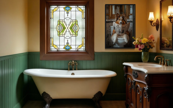 Shetland Sheepdog On The Toilet Reading Newspaper Picture in a bathroom with a tub