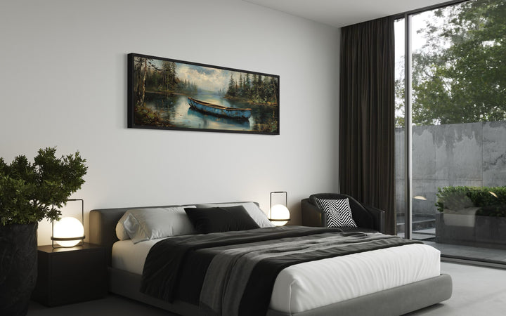 Old Blue Canoe In The Lake Long Horizontal Framed Canvas Wall Art in a bedroom with a large bed