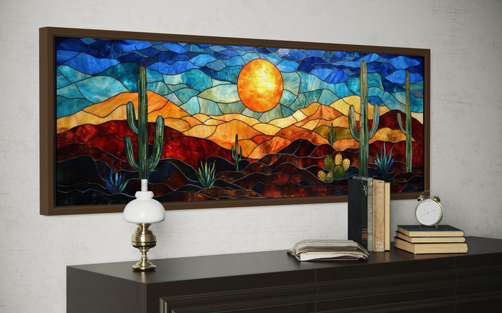 Southwest Desert Sunset Cactus Landscape Stained Glass Style Long Horizontal Canvas Wall Art