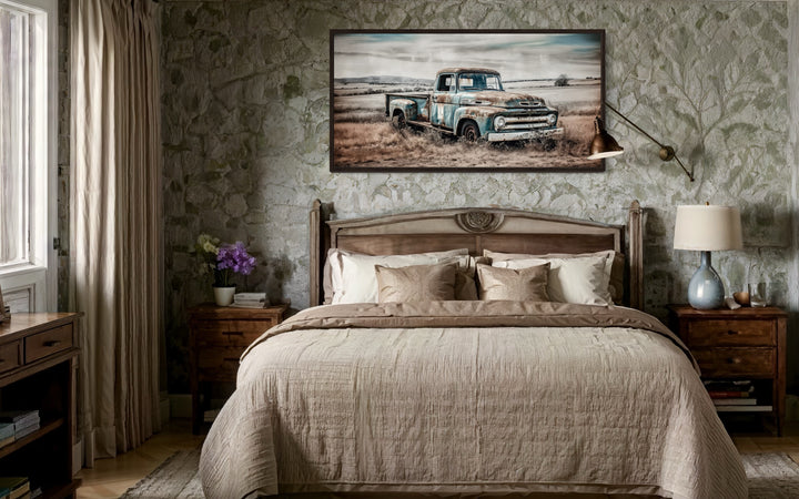 Old Blue Truck Rustic Chic Farmhouse Wall Decor in rustic bedroom