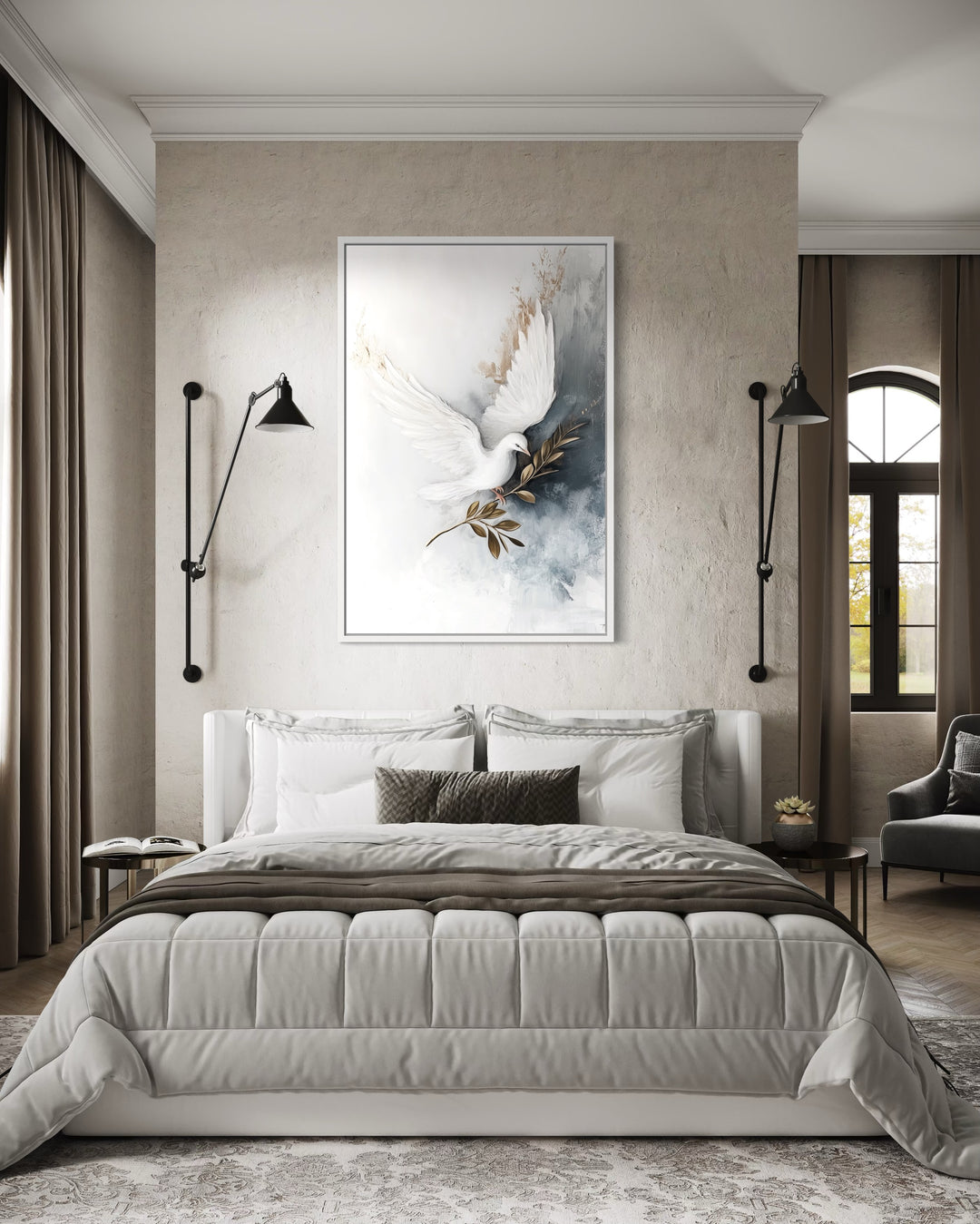 Holy Spirit White Dove With Olive Branch Christian Canvas Wall Art in a bedroom with a large bed