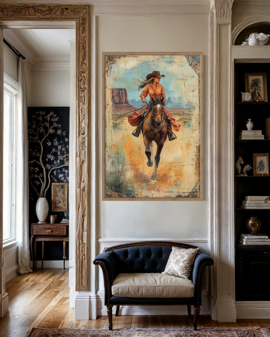 Cowgirl Riding A Horse In Monument Valley Framed Canvas Wall Art