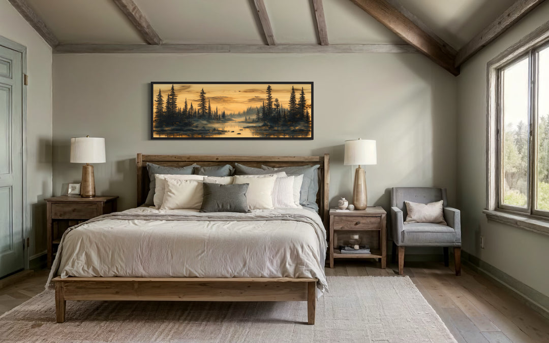 Rustic Pine Tree Forest Painted On Wood Panoramic Canvas Wall Art in a cabin bedroom with a large bed